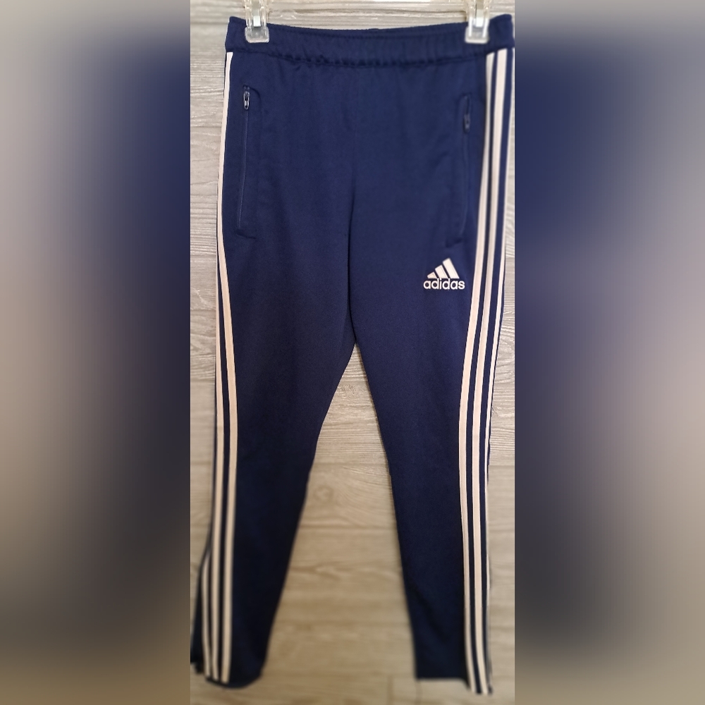 Adidas boy's active sports athletic blue pants, side zipper pockets, size YL